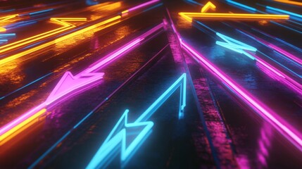 Poster - Dynamic neon arrows abstract environment graphic art urban setting close-up view modern concept for impact