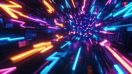 Poster - Dynamic neon light trails urban cityscape digital art nighttime environment futuristic viewpoint
