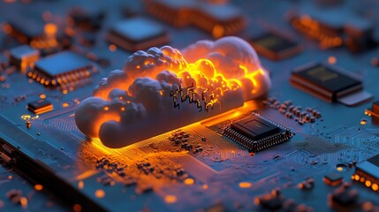 Poster - The image depicts a vibrant, neon-lit cloud icon used for downloading, set on a modern, high-tech floor with a black background, representing cutting-edge data storage technology