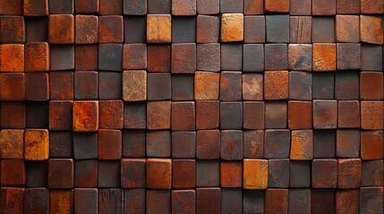 Poster - The image features a 3D render of a wall made from rectangular mosaic tiles, set against a backdrop of natural stone bricks with a semigloss finish, arranged to form a 3D block pattern
