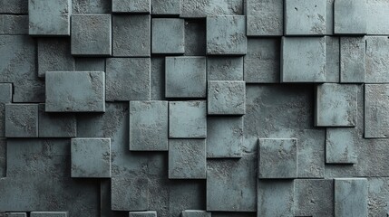 Poster - The image features 3D, Square Mosaic Tiles arranged as a wall, with a background composed of Concrete, Semigloss, Bricks stacked to form a Polished block, generated through 3D rendering