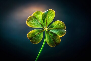 Poster - Surreal Black Background Four Leaf Clover Photography - Lucky Charm, Good Fortune Symbol