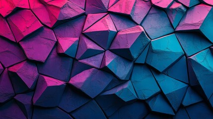 Poster - The surface is a neon high-tech design incorporating tetrahedrons, with an illuminated abstract 3D texture in shades of blue and pink