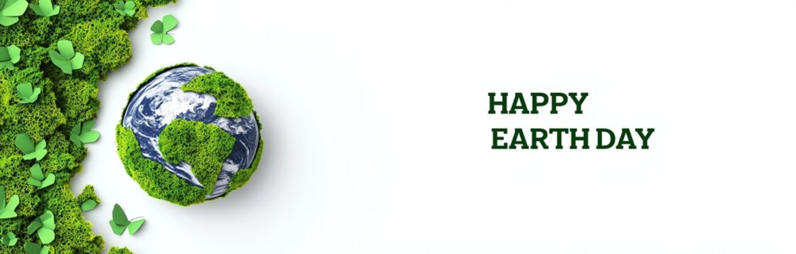Green-covered Earth globe with lush vegetation, surrounded by paper-style green butterflies, celebrating Earth Day. Festive design with “HAPPY EARTH DAY” text, emphasizing environmental protection and