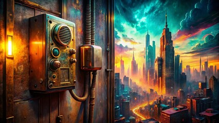 Poster - Surreal Cityscape: Intercom on a Melting Wall
