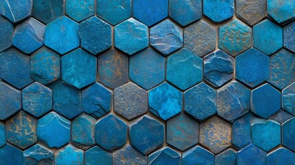 Poster - A 3D render presents a blue patina textured wall with tiles, along with diamond-shaped tile wallpaper that boasts 3D polished blocks