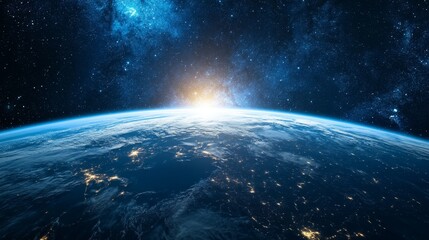 Wall Mural - celestial sunrise over earth outer space digital art cosmic environment wide angle inspiration