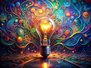 Wall Mural - surreal light bulb idea: doodle sketches & ethereal glow stock photo