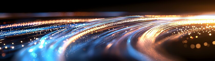 Aufkleber - Abstract curved light trails in blue and orange colors against dark background creating dynamic motion effect with glowing bokeh and streaks for technology concept.