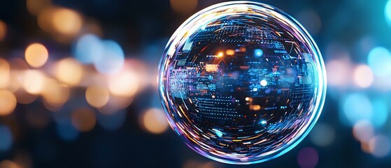 Poster - Glowing crystal ball sphere reflecting urban night lights and bokeh creates magical atmosphere against blurred city background with blue illumination.