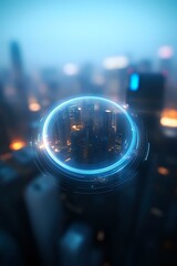 Poster - Futuristic glowing blue portal frame floating above blurred cityscape at dusk, with neon lights and skyscrapers creating atmospheric urban background.