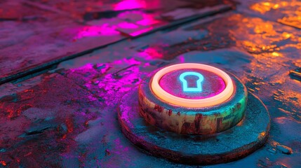 Poster - A vibrant icon featuring Pink and Blue Activate Technology Concept is illuminated as a neon power symbol on a high-tech floor, contrasted against a dark black background in a 3D rendering