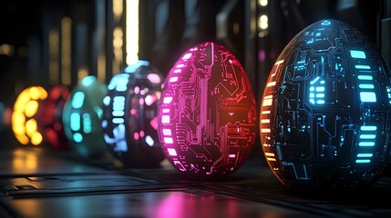 Poster - Glowing Easter eggs with circuit board patterns lined up in vibrant neon colors against dark background, creating futuristic holiday decoration.