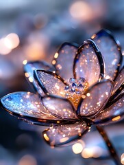 Poster - Delicate glass lotus flower with sparkling frost and golden bokeh lights creating magical winter atmosphere. Macro photography captures crystalline petals in blue tones.