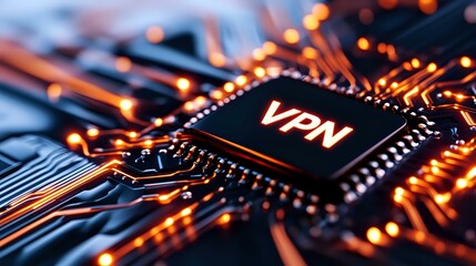 Poster - Glowing VPN chip on circuit board with orange light effects, modern cybersecurity concept showing digital network protection technology on motherboard.