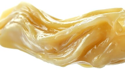 Poster - Smooth flowing honey caramel liquid wave on white background, glossy golden syrup stream with soft ripples and curves, isolated design element for food packaging.