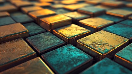 Poster - A contemporary tech-themed wallpaper showcasing glossy blocks that are neatly aligned, with a color scheme of orange and yellow, generated through 3D rendering