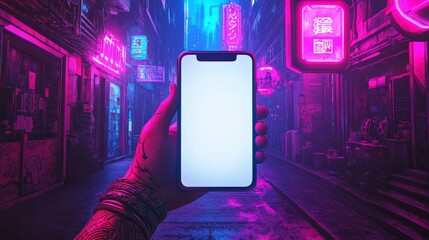 Poster - A cyberpunk-style template showcasing a phone with a blank screen, backed by a vibrant orange and green city skyline at night