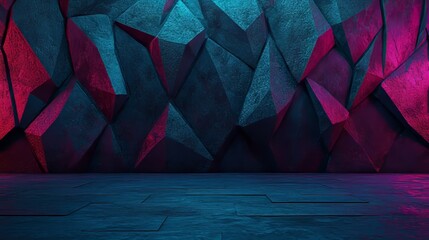 Poster - A 3D wallpaper showcasing a modern surface with colorful triangular pyramids, illuminated in shades of blue and pink