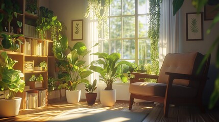 Aufkleber - Sunlit room with various potted plants, bookshelves, and armchair.