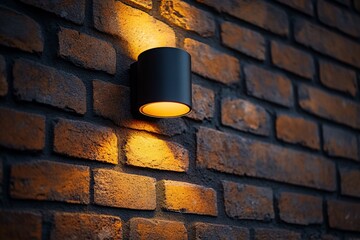 Poster - Modern black wall lamp illuminates a rustic brick wall at night.