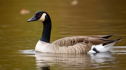 Poster - Canada goose swimming calmly on a tranquil lake, showcasing its plumage and reflection.