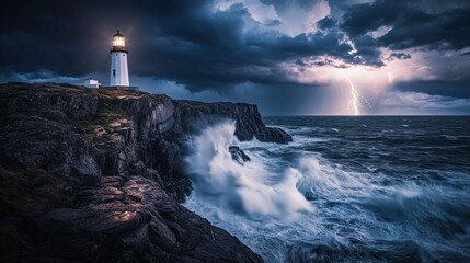 Aufkleber - Dramatic lighthouse on cliff during stormy night with lightning strike and crashing waves.