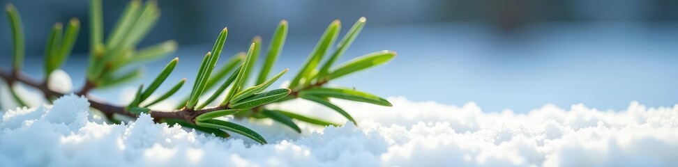 Wall Mural - A sprig of rosemary branches out from a snow-covered surface, foliage, branch, leaves