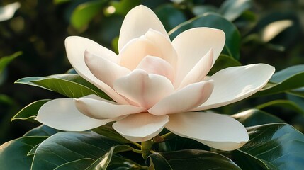 Fototapete - Close-up of a delicate, creamy-white magnolia blossom with soft sunlight illuminating its petals, set against a backdrop of lush green foliage.