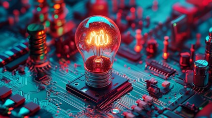 Poster - The Innovation Technology Concept is depicted by a lightbulb symbol on a microchip, surrounded by a 3D render of white neon data flowing between users, the CPU, and a futuristic motherboard