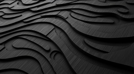 Poster - Black undulating lines that are three-dimensional create a dark abstract wallpaper through their rippling effect, as shown in this 3D render