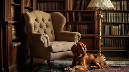Poster - Irish Setter dog resting on rug near an armchair in a classic library.