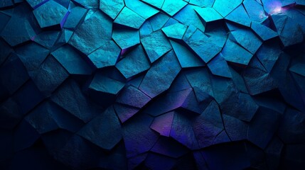 Poster - Illuminated Blue Geometric 3d Banner with a Neon High Tech Surface Comprising Triangular Pyramids