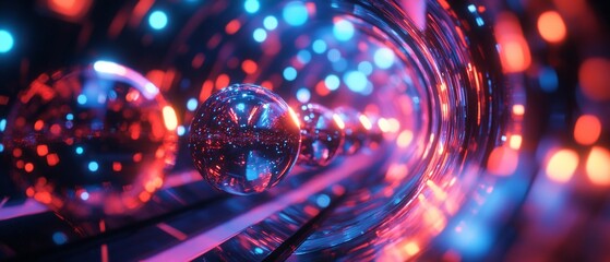 Leinwandbilder - Abstract glowing spheres in neon tunnel.