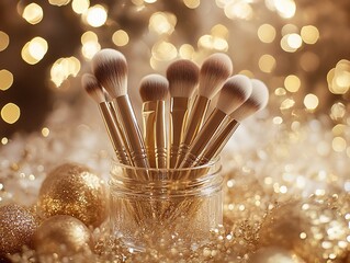 Poster - Gold makeup brushes in glass jar on gold background.