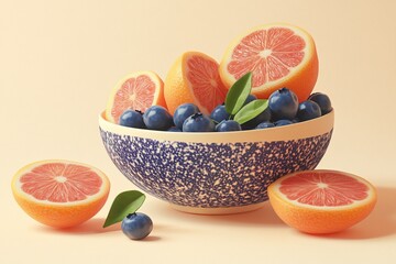 Poster - Bowl of blueberries and grapefruit halves on a beige background.