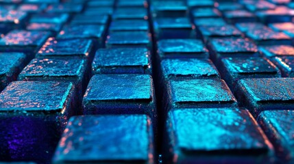 Poster - Blue, glossy blocks are arranged in perfect alignment to create a futuristic tech background in a 3D rendering