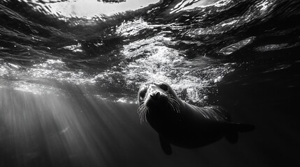 Poster - Underwater black and white photo of a seal swimming towards the camera, sunbeams shining from above.