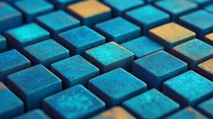 Poster - Frosted glass shapes are arranged on a blue surface in this futuristic tech concept, which includes copy space and was created using 3D rendering techniques