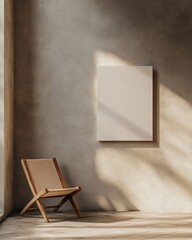 Fototapete - Minimalist interior design wooden chair and blank canvas in sunlit room.