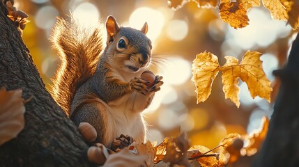 Poster - A fluffy-tailed squirrel sits on a tree branch, holding an acorn, backlit by the autumn sun.