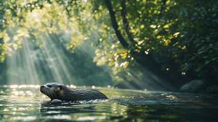 Poster - Otter swimming in sunlit river, surrounded by lush green foliage.