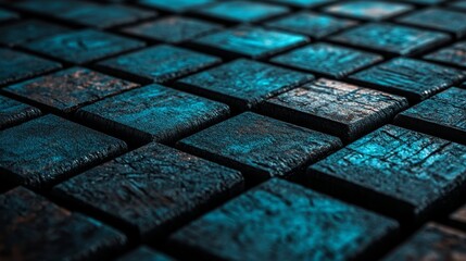 Poster - A modern tech wallpaper is depicted, showcasing precisely arranged glossy cubes in a turquoise and violet color scheme, all generated through 3D render techniques