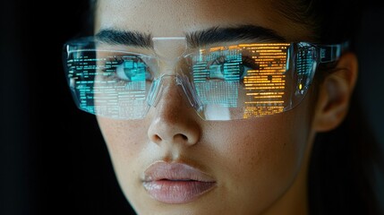 Poster - Woman wearing glasses with city background showcasing 5g technology and the future of ai automation in urban life