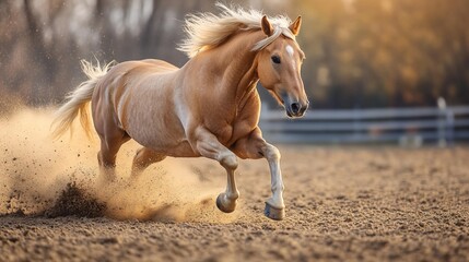 Aufkleber - Palomino horse running fast on a dirt track, kicking up dust, mane and tail flowing in the wind, golden hour lighting.
