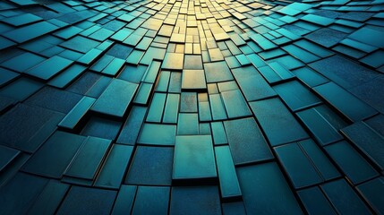 Poster - Transparent blocks are arranged on a blue surface in a futuristic tech concept, featuring space for copy, created using 3D rendering