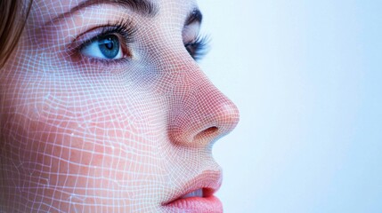 Poster - woman's face covered with a mesh overlay symbolizing security and privacy in 5g ai-based fraud detec