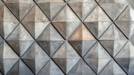 Poster - The arrangement features a futuristic, triangular mosaic tile wall, with a 3D semigloss brick pattern forming a concrete block background in a 3D rendering