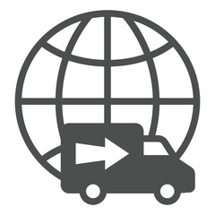 Poster - World globe with deliverer truck solid icon, delivery concept. Vector graphics. Delivery vehicle transport sign on white background, glyph style icon for mobile or web design.