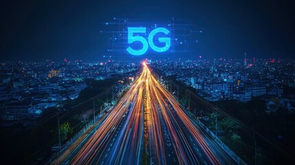 Poster - Vibrant cityscape at night illuminated by a bright 5g sign reflecting innovative urban technologies and connectivity